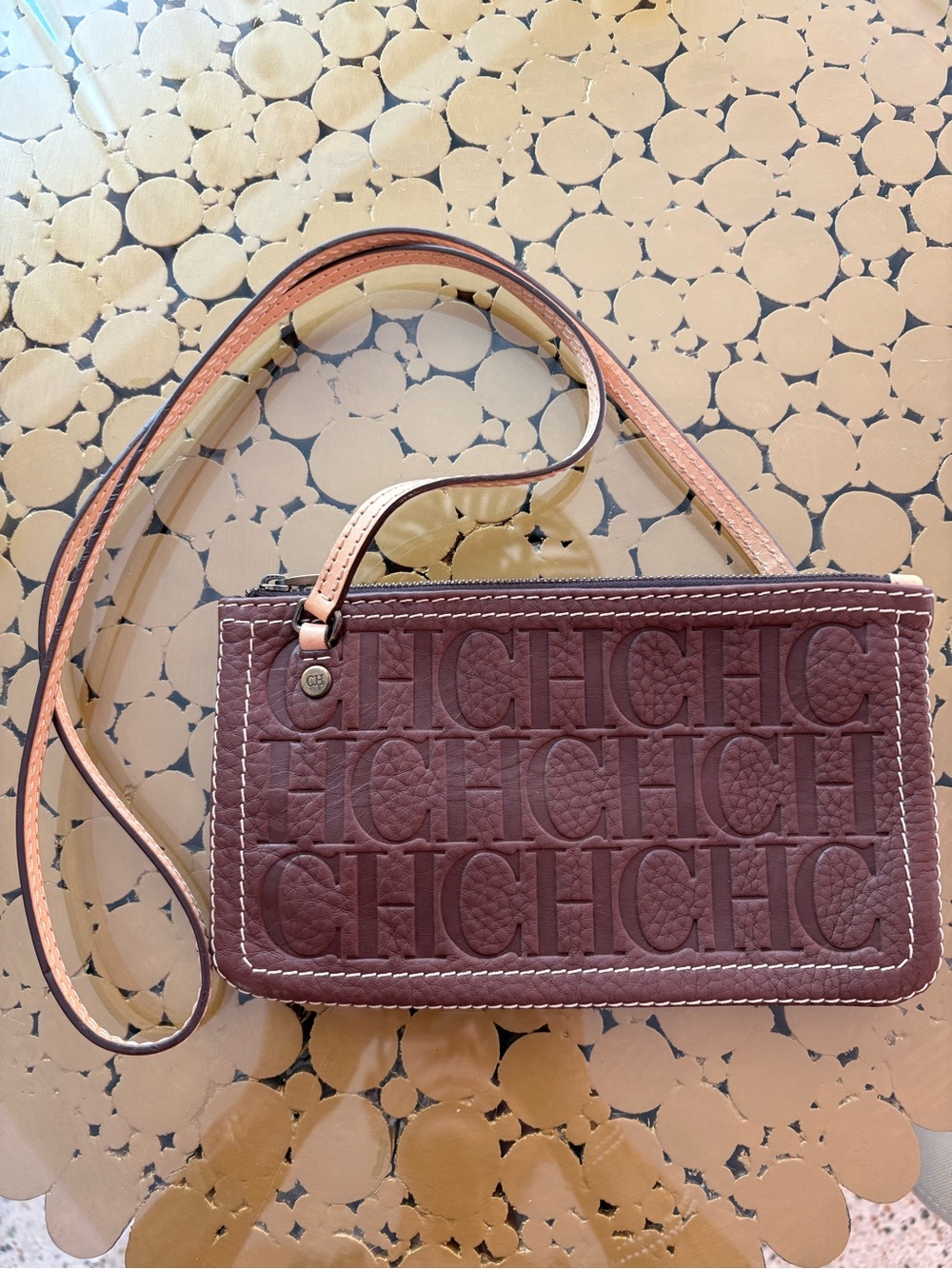 CAROLINA HERRERA Brown Logo Embossed Leather Crossbody! Like new!